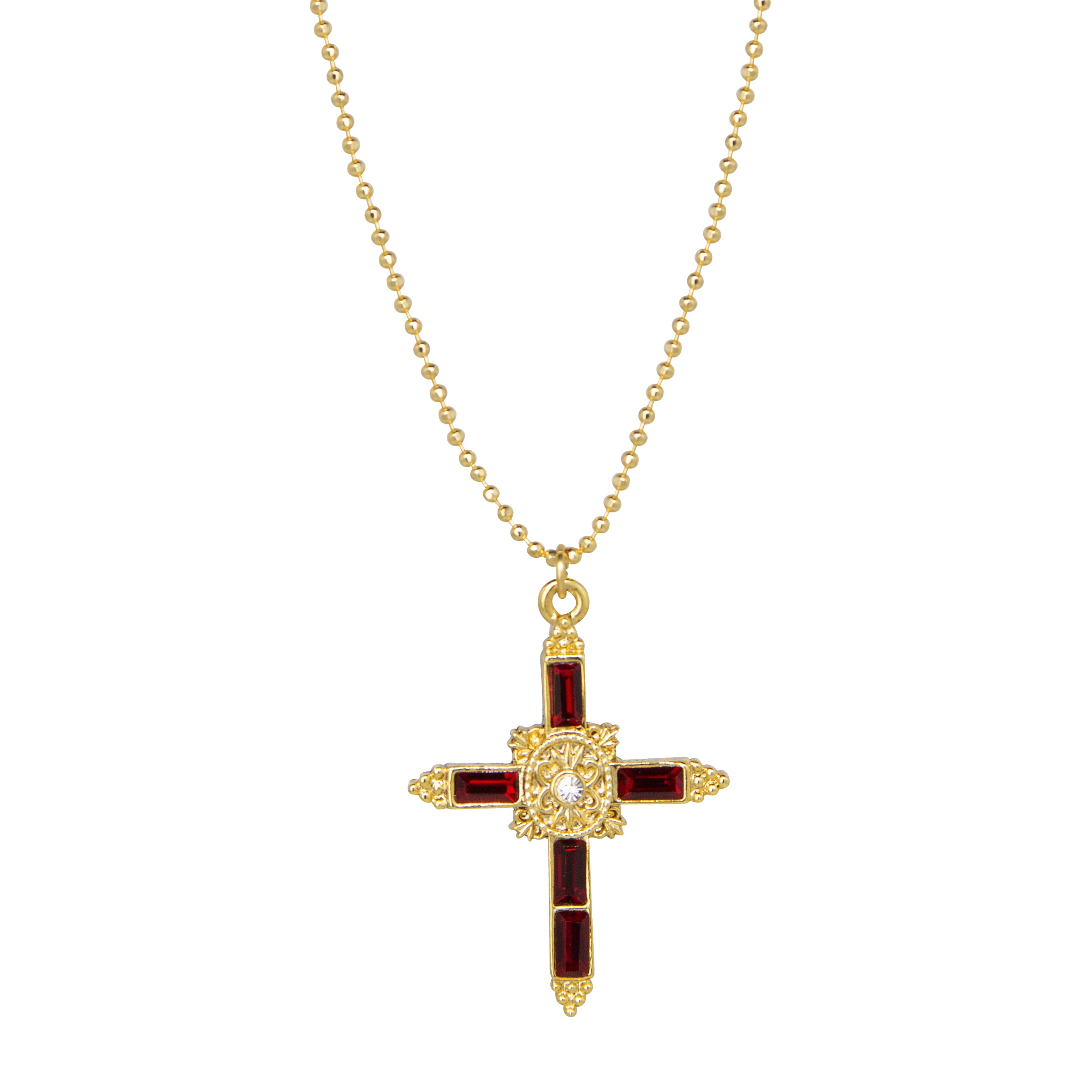 Siam Red Baguette Euro Crystal Cross Pendant Necklace 16"