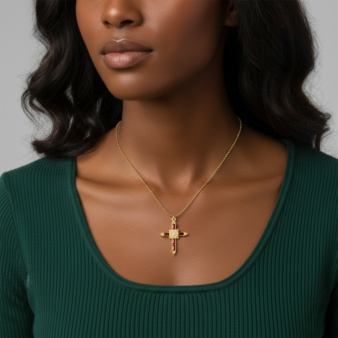 Woman wearing a gold necklace with a cross pendant against a neutral background