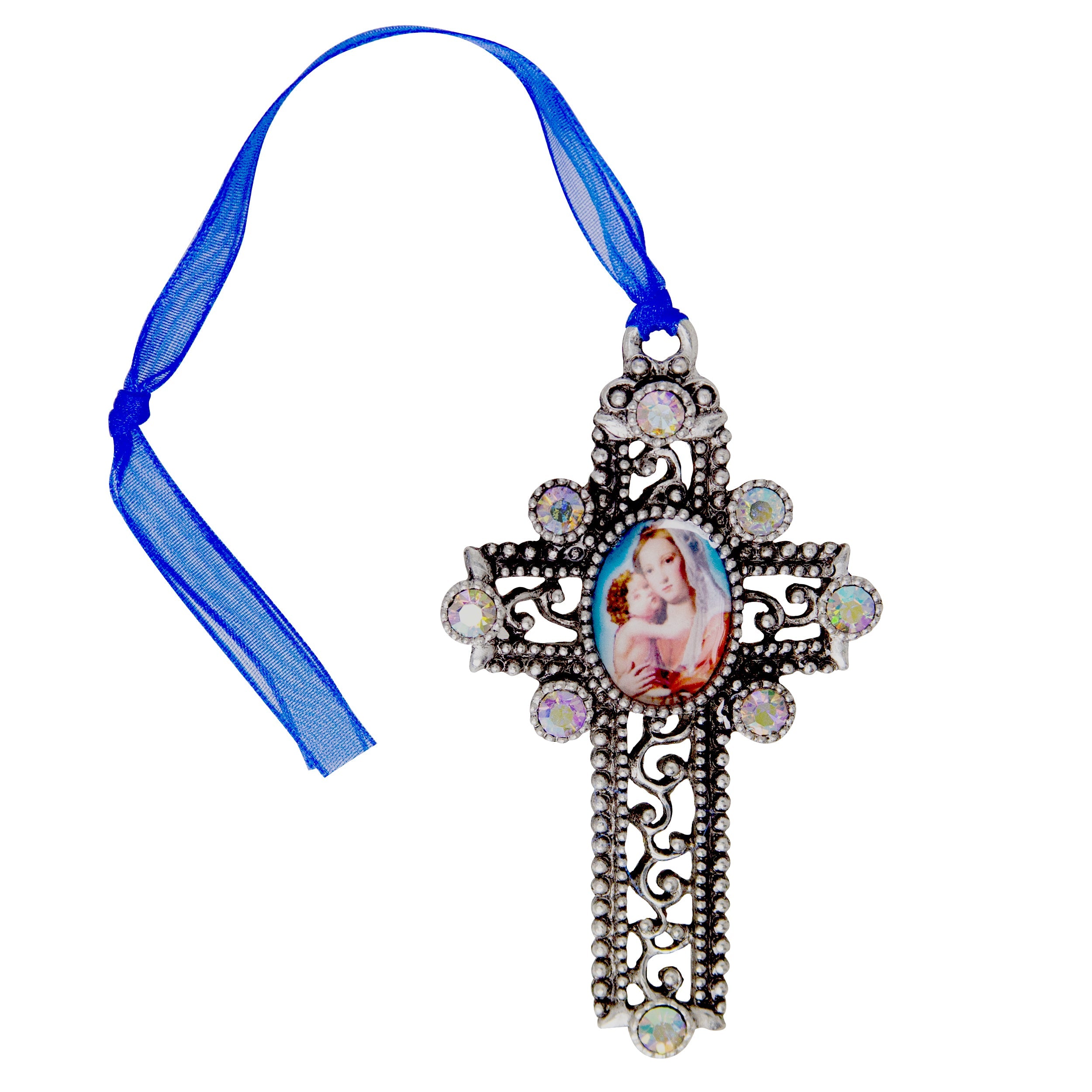 Symbols Of Faith Mother And Child AB Crystal Blue Ribbon Cross Christmas Tree Ornament
