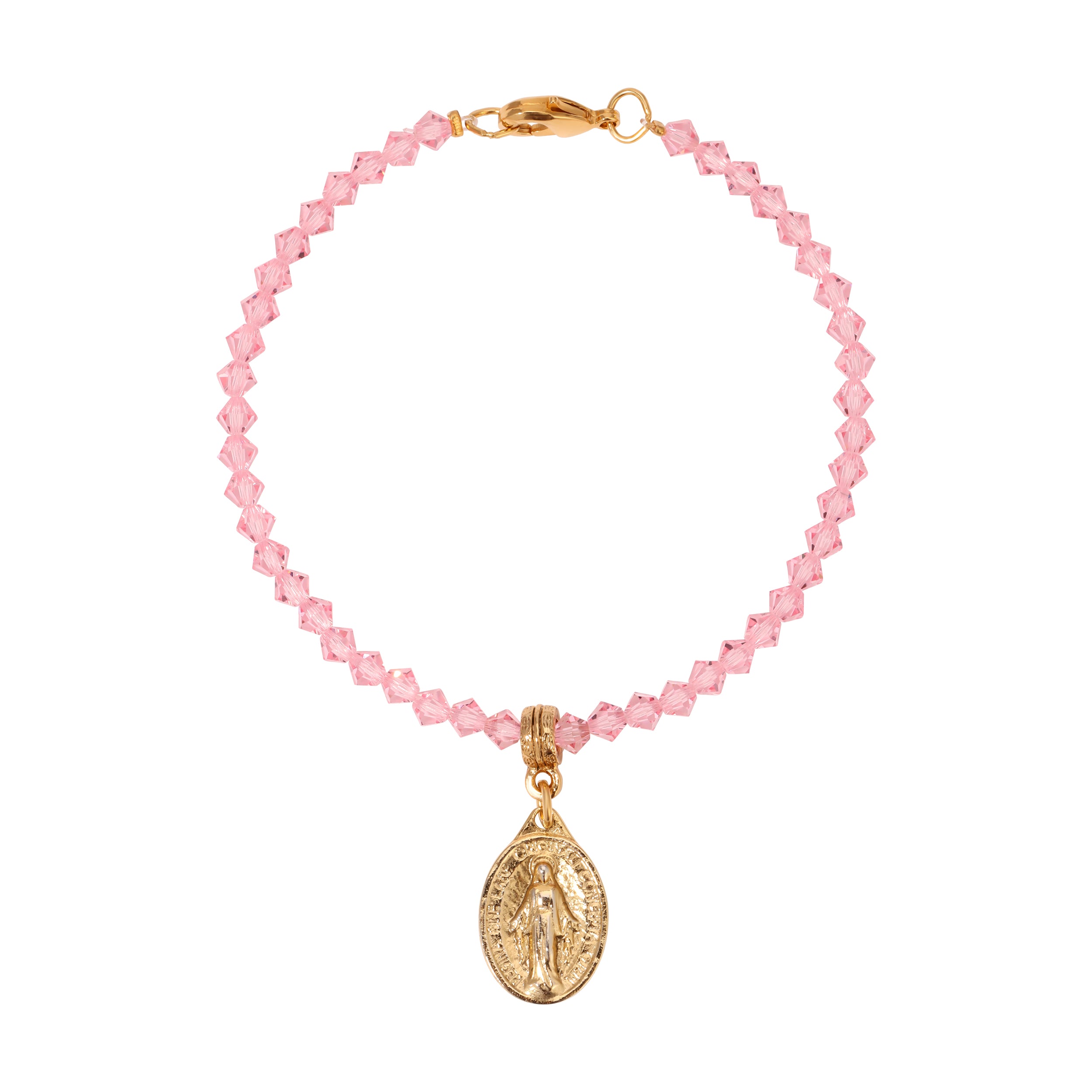 Symbols Of Faith Miraculous Medal Charm Light Rose Pink Crystal Bracelet