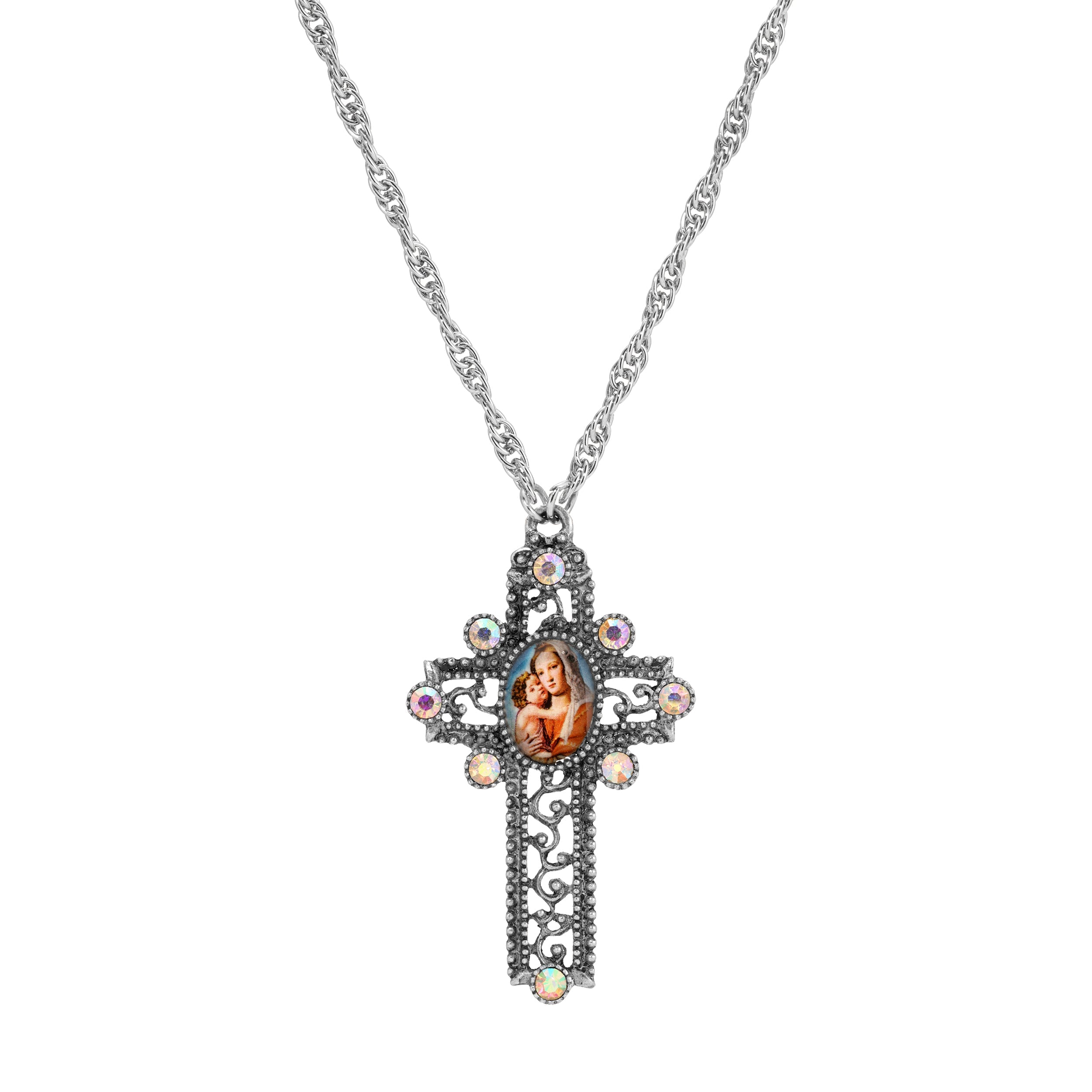 Symbols Of Faith Madonna and Child AB Crystal Openwork Scroll Cross Pendant Necklace 28"