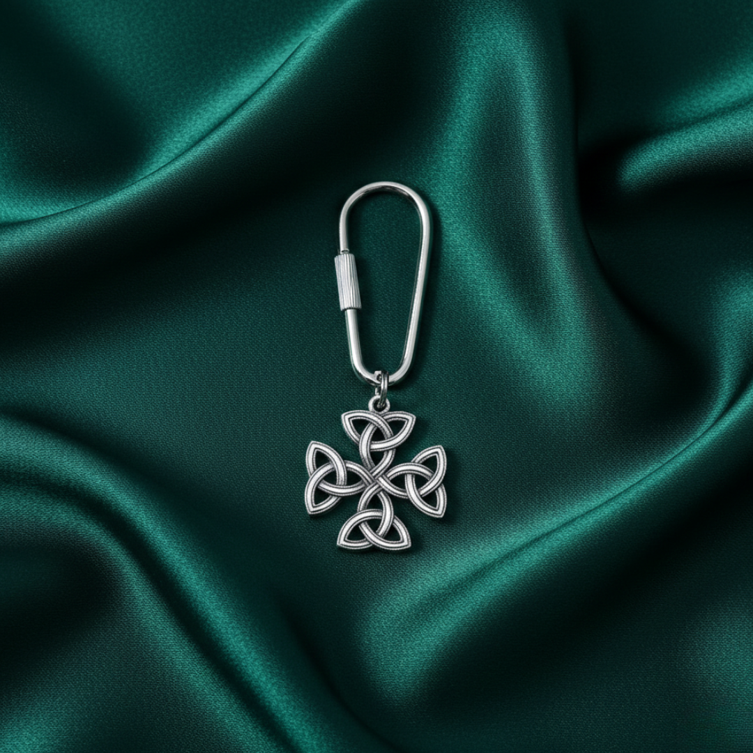 Silver Celtic cross keychain on green satin fabric