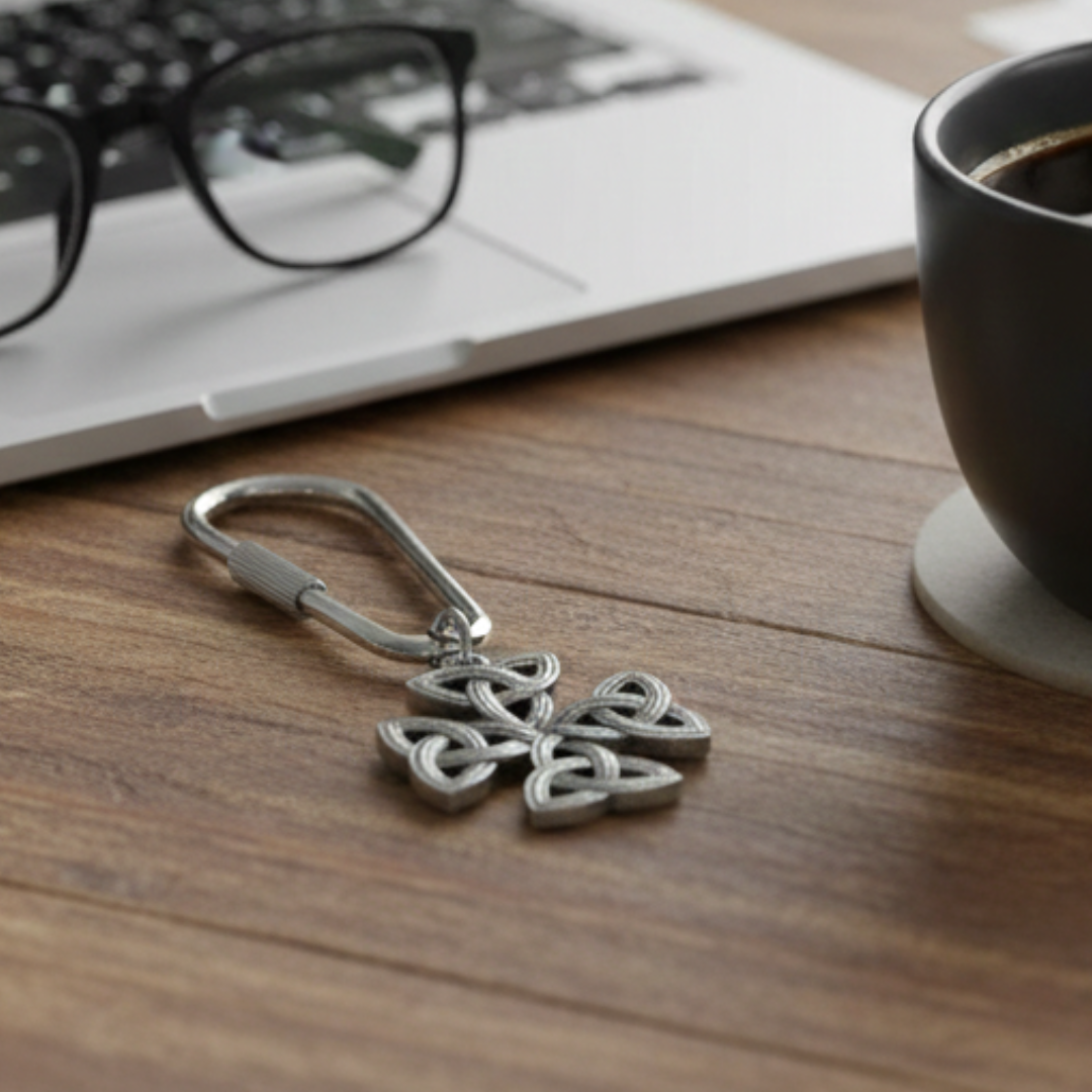 Silver Celtic keychain on a desk with a laptop, glasses, and coffee mug in the background.