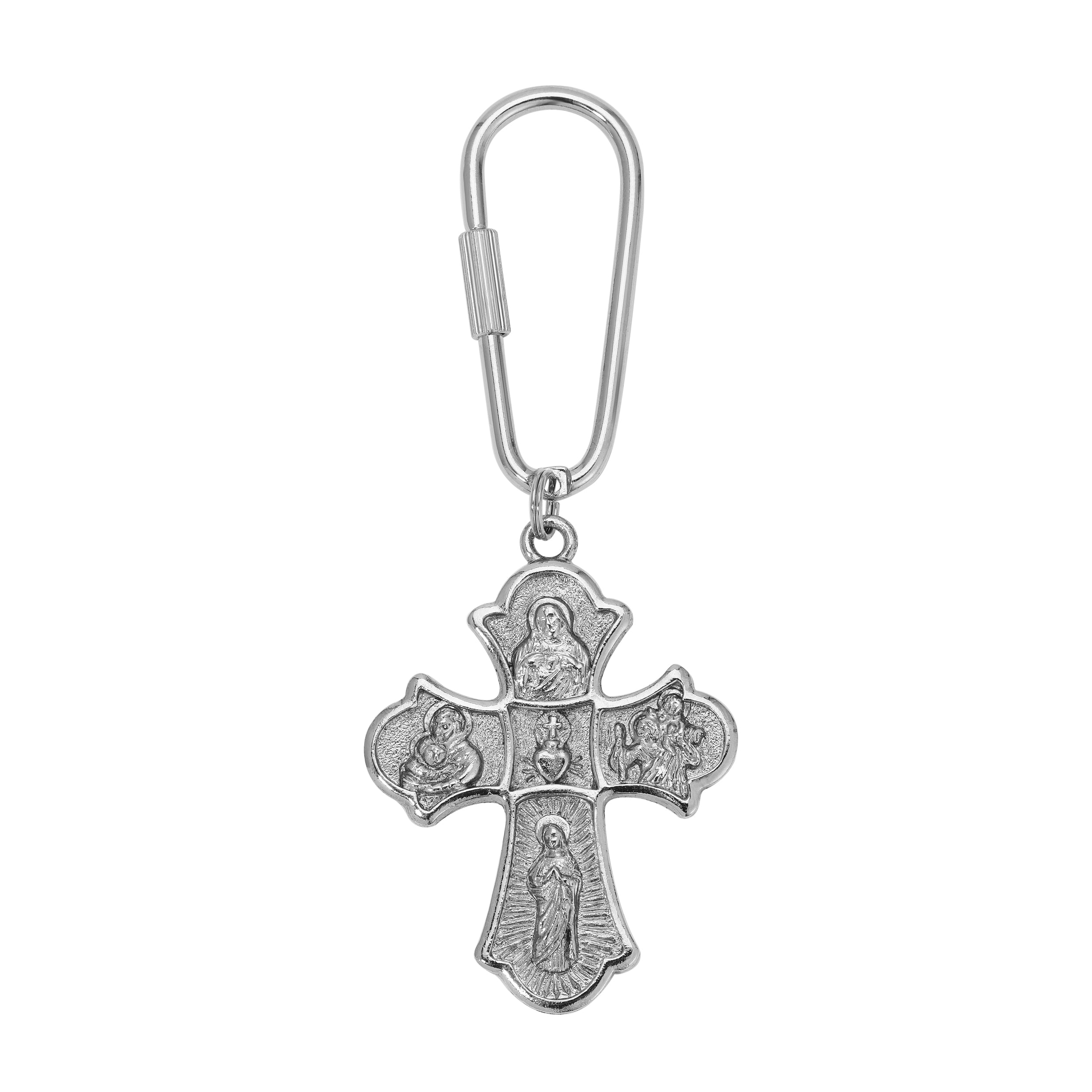 Silver Holy Family Cross Key Chain