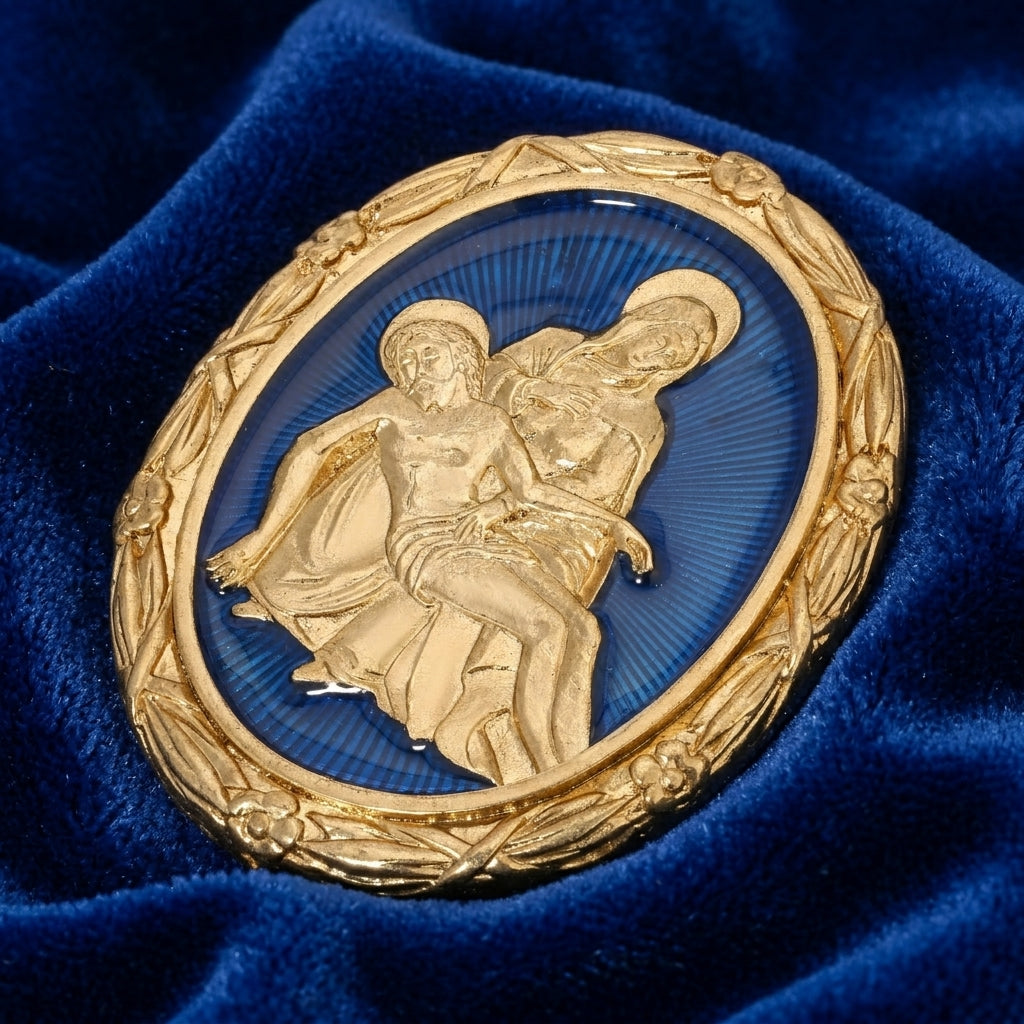 Gold brooch with a religious design on a blue background