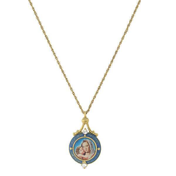Symbols Of Faith Blue Enamel Mary And Child Pendant Necklace 16" + 3" Extender