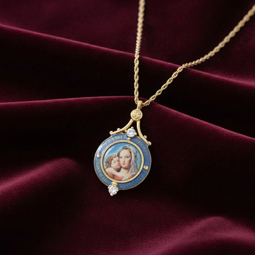 Gold necklace with a pendant featuring Mother Mary and Child design on a dark red fabric background