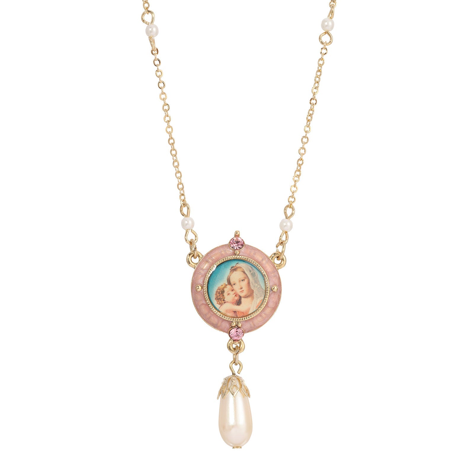Symbols Of Faith Pink & Faux Pearl Drop Pendant Madonna and Child Necklace 16" + 3" Extender