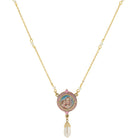 Symbols Of Faith Pink & Faux Pearl Drop Pendant Madonna and Child Necklace 16" + 3" Extender
