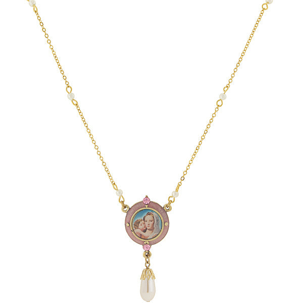 Symbols Of Faith Pink & Faux Pearl Drop Pendant Madonna and Child Necklace 16" + 3" Extender