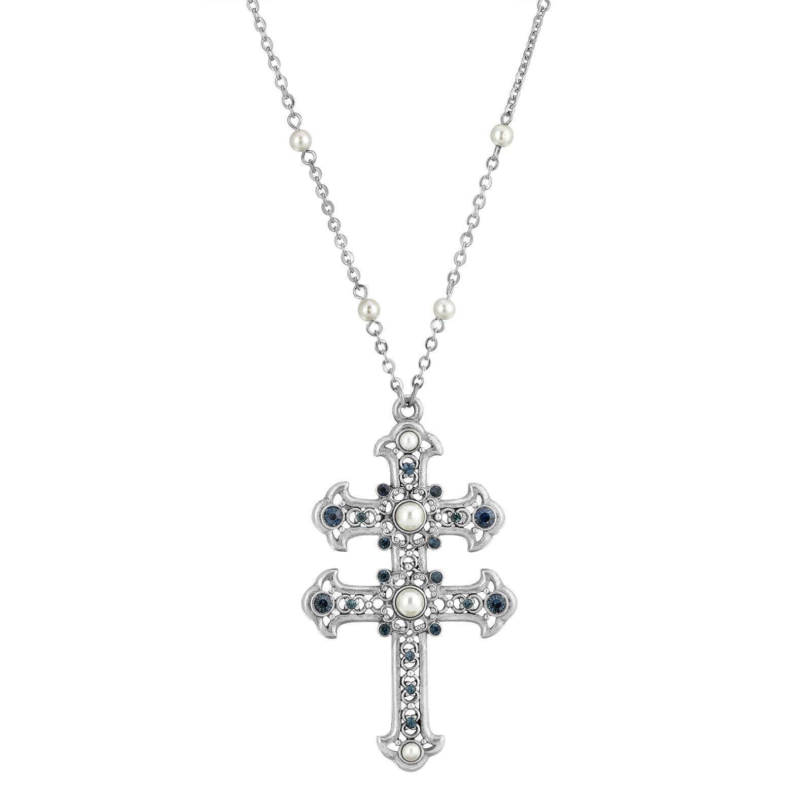 Symbols Of Faith Crystal and Faux Pearl Double Cross 30 Pendant Necklace