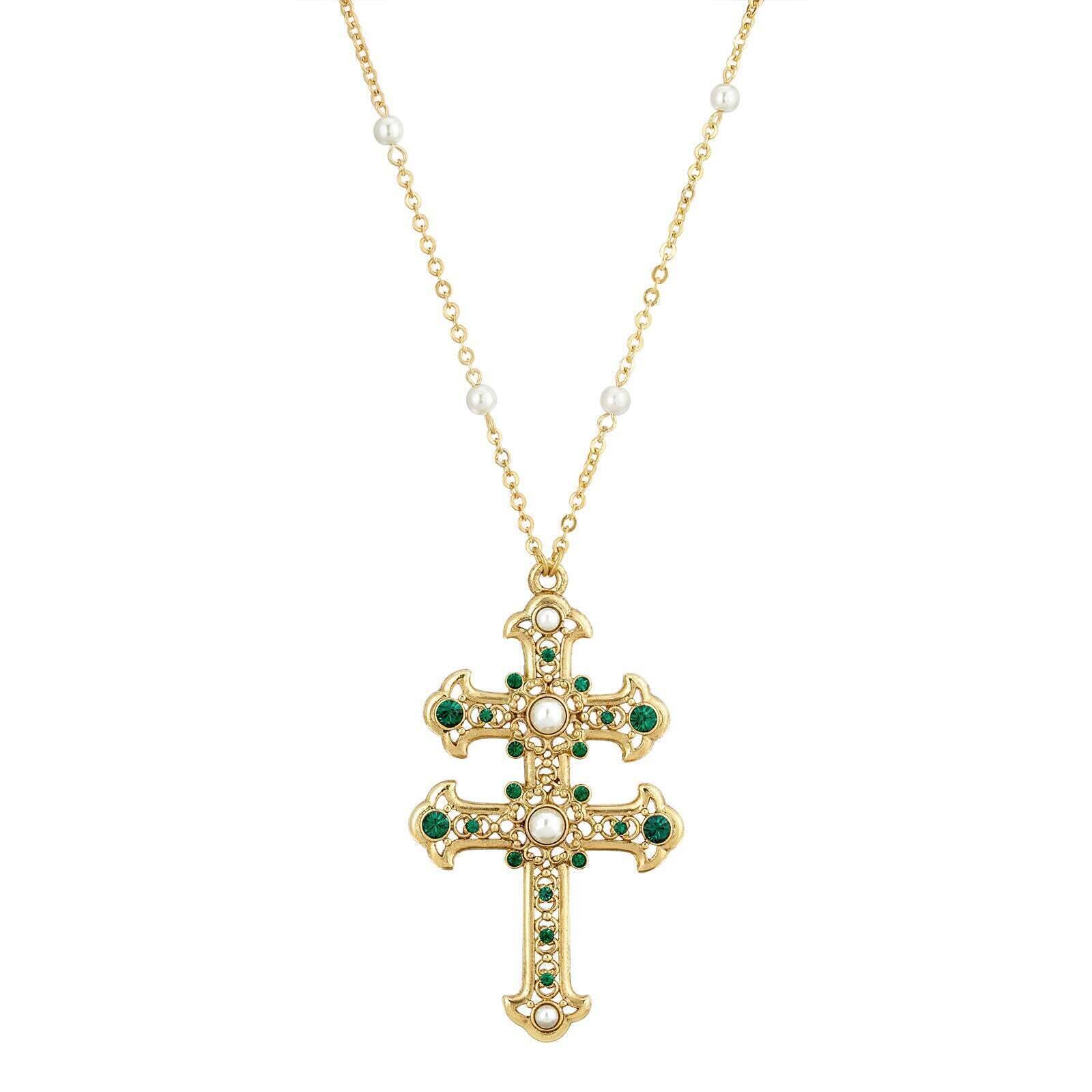 Symbols Of Faith Crystal and Faux Pearl Double Cross 30 Pendant Necklace