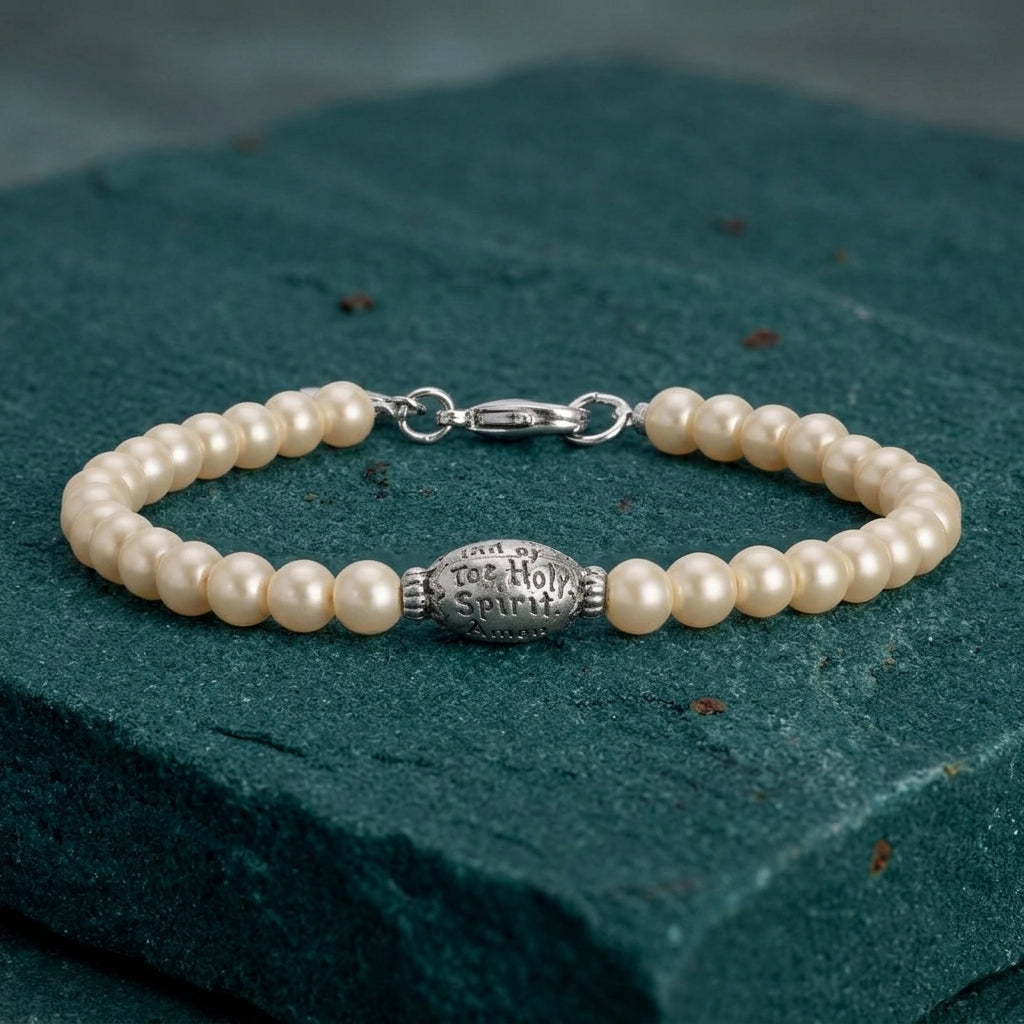 Pearl bracelet with a silver religious bead on a textured green surface