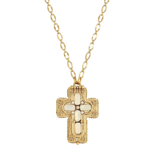 Symbols Of Faith Glass Stone Faux Pearl Cross Reliquary Pendant