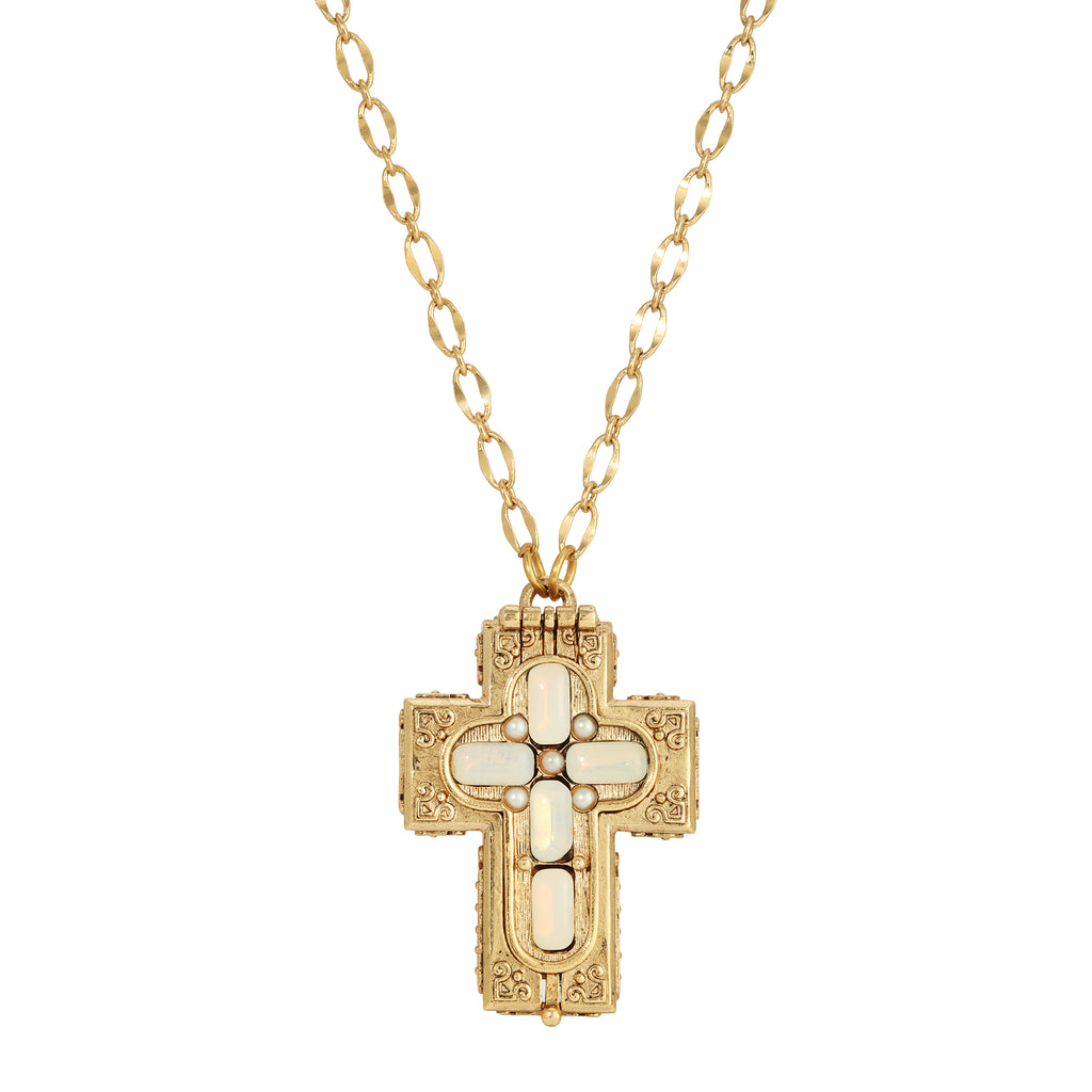 Symbols Of Faith Glass Stone Faux Pearl Cross Reliquary Pendant Necklace 32"