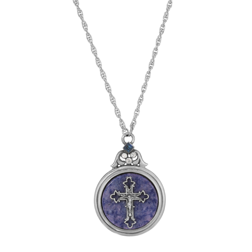 Blue Sodalite Gemstone Crucifix Crystal Pendant Necklace 28"