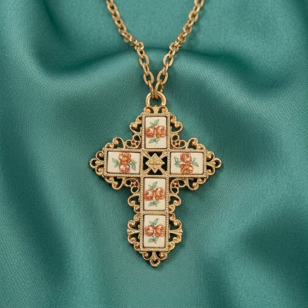 Decorative cross pendant with floral designs on a gold chain against a teal fabric background