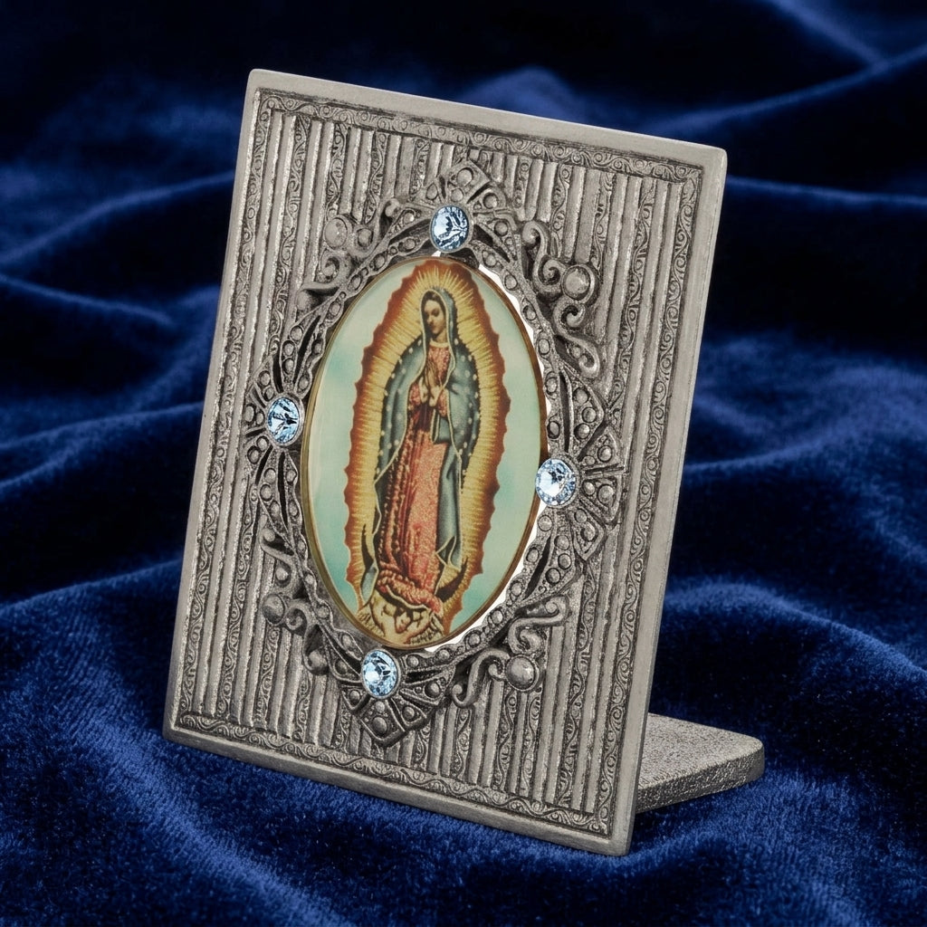 Decorative table plaque with a religious icon on a blue fabric background