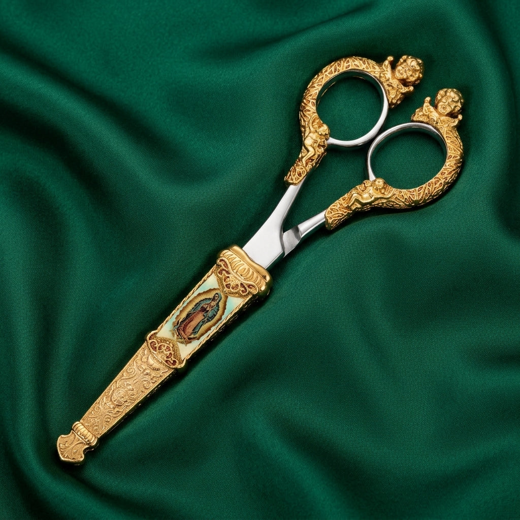 Decorative scissors with gold handles on a green fabric background
