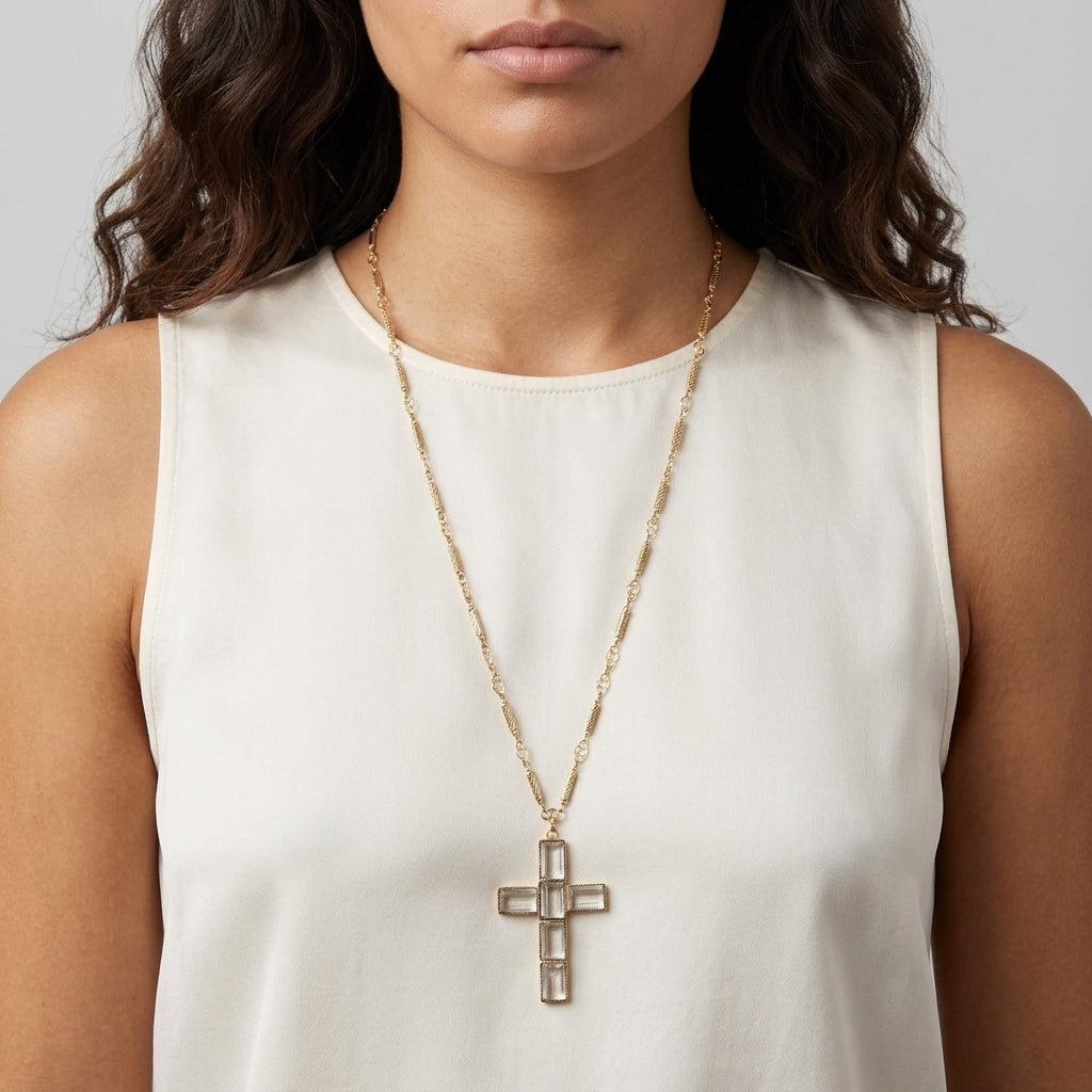 Woman wearing a gold necklace with a crystal cross pendant on a plain background
