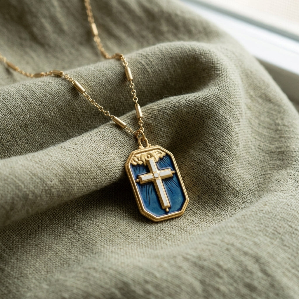 Necklace with a blue and gold pendant featuring a cross on a textured fabric background