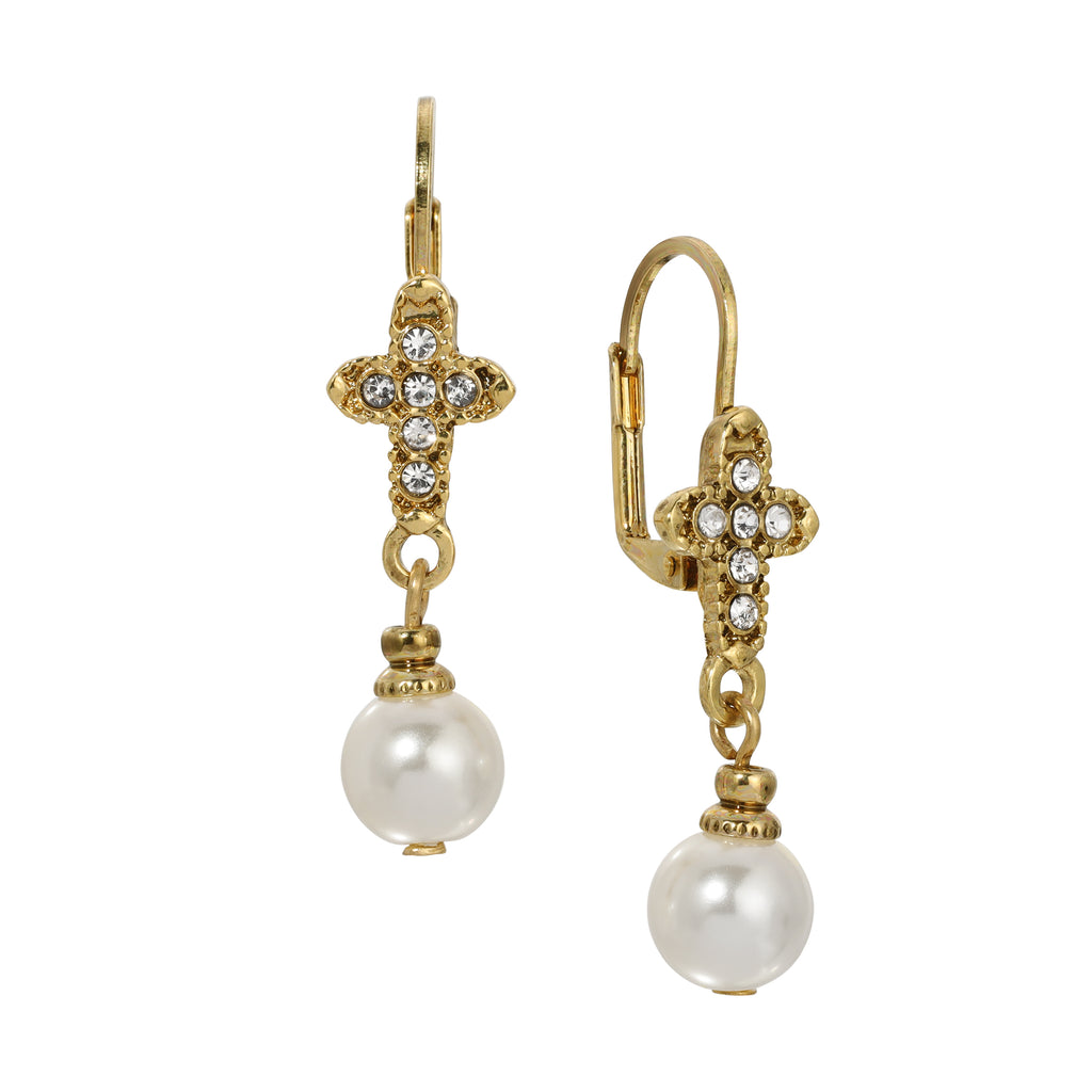 Symbols Of Faith Crystal Cross Faux Pearl Elegance Dangling Earrings