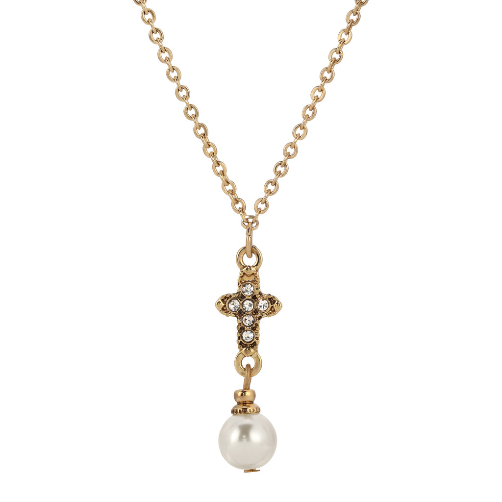 Symbols Of Faith Crystal Cross Faux Pearl Elegance Pendant Necklace 16"