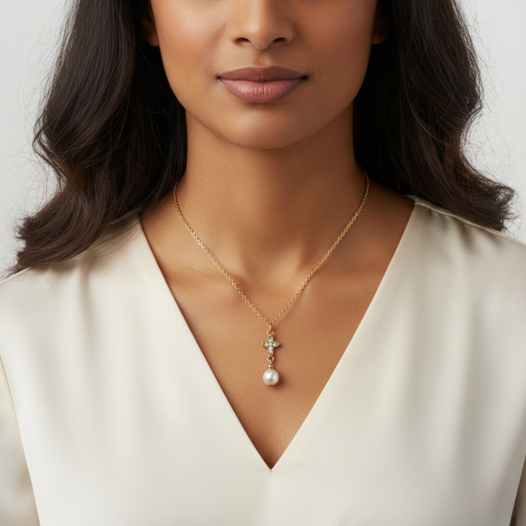 Woman wearing a gold necklace with a cross and faux pearl pendant against a neutral background