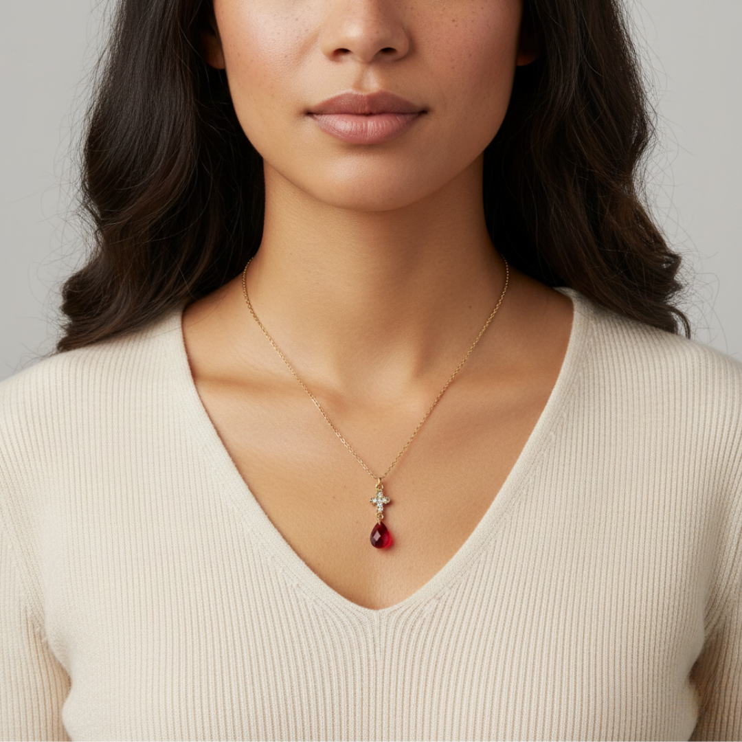Woman wearing a gold necklace with a red pendant and cross against a neutral background