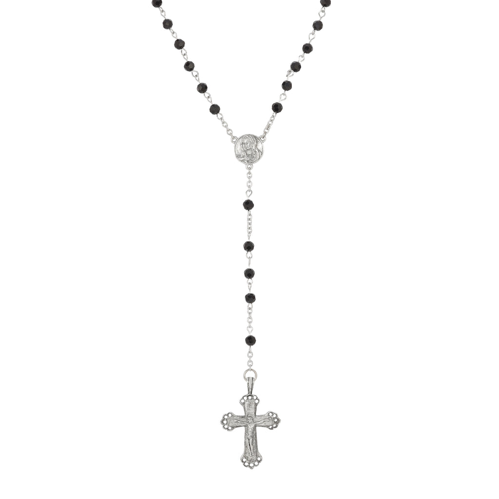 Symbols Of Faith Crucifix & Mother Mary Jet Black Glass Rosary Prayer Beads