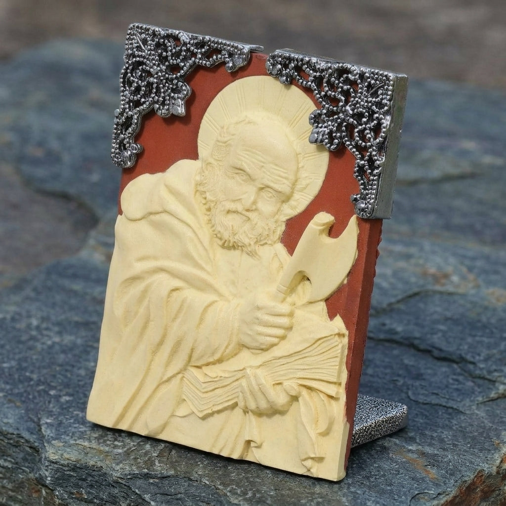 Decorative cameo plaque of Saint Jude on a stone textured surface