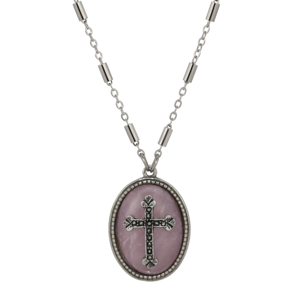 Rose Quarts 1928 Jewelry Oval Gemstone & Cross Pendant Necklace 18"  