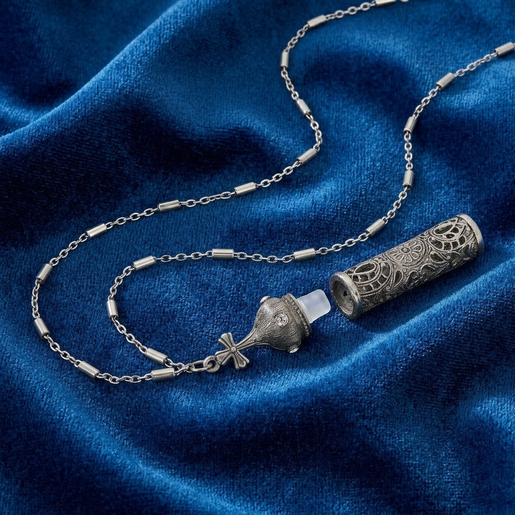 Silver chain necklace with an opened cross vial pendant on a blue fabric background