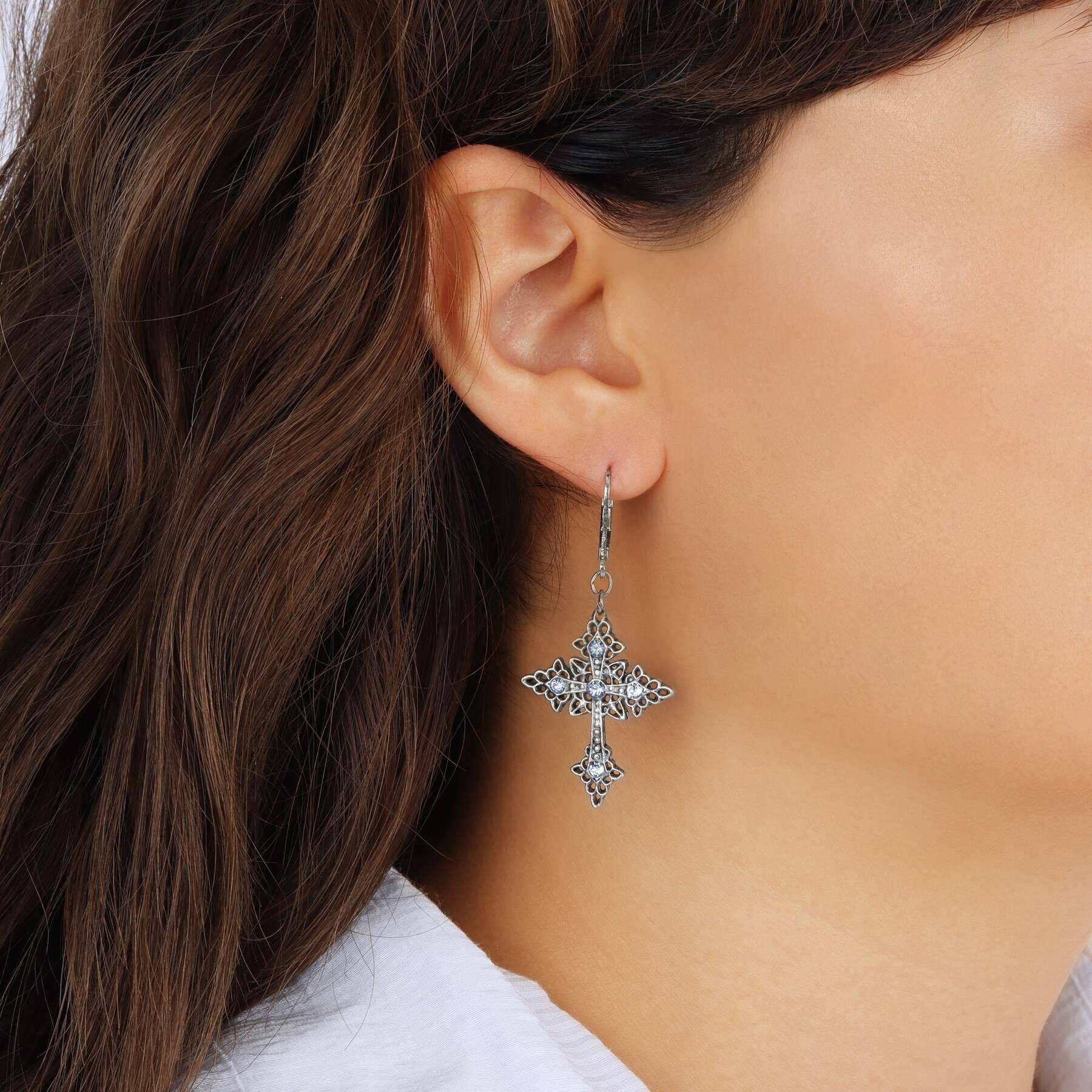 Symbols Of Faith Croce Elegante Light Sapphire Crystal Drop Earrings