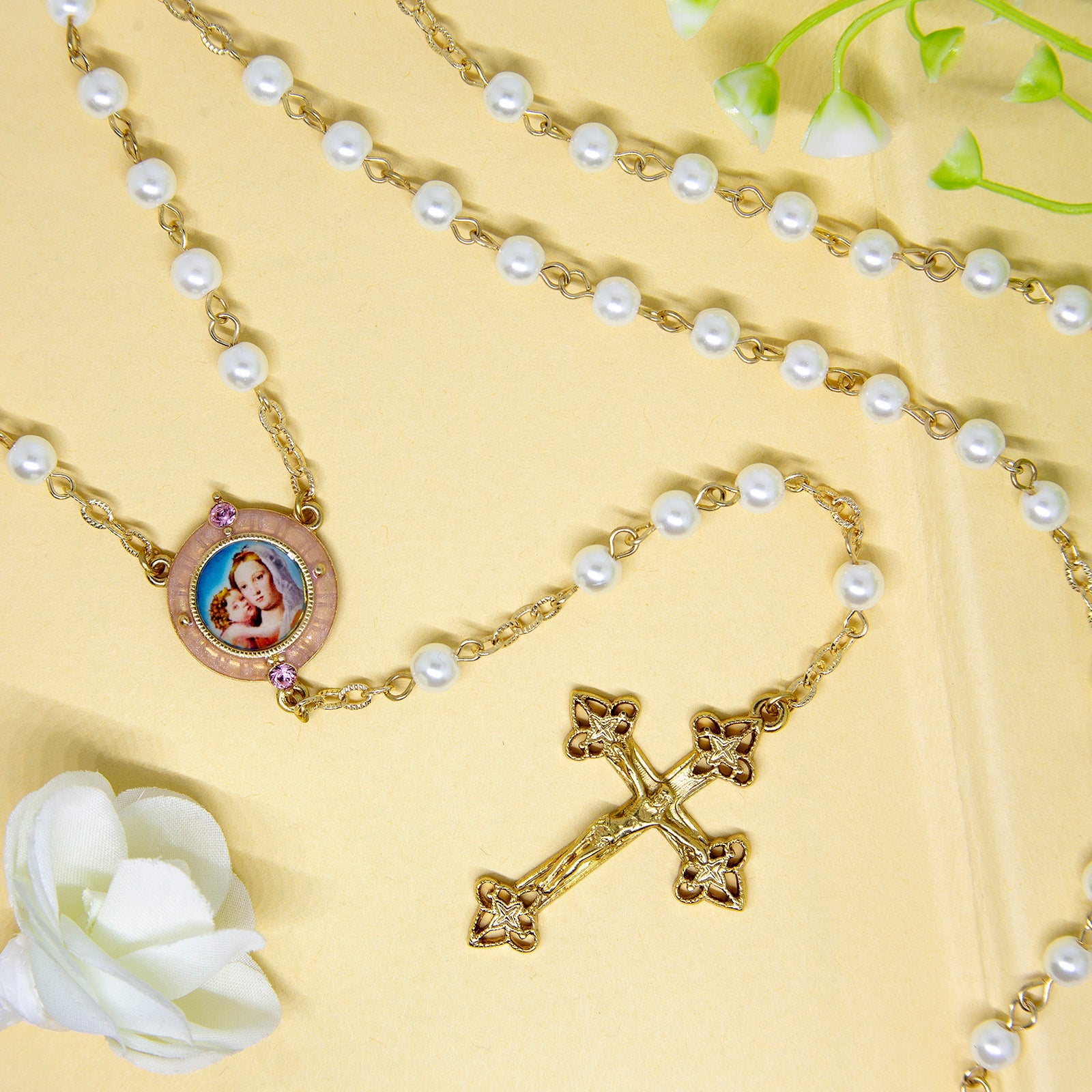 Symbols Of Faith Faux Pearl Pink Madonna and Child Decal Crucifix Rosary 30"