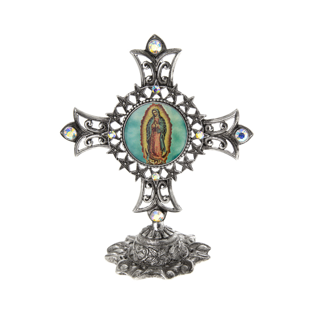 Symbols Of Faith Our Lady of Guadalupe AB Crystal Cross Tabletop Stand