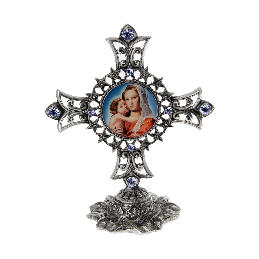 Symbols Of Faith Mary And Child Light Sapphire Blue Crystal Cross Tabletop Stand