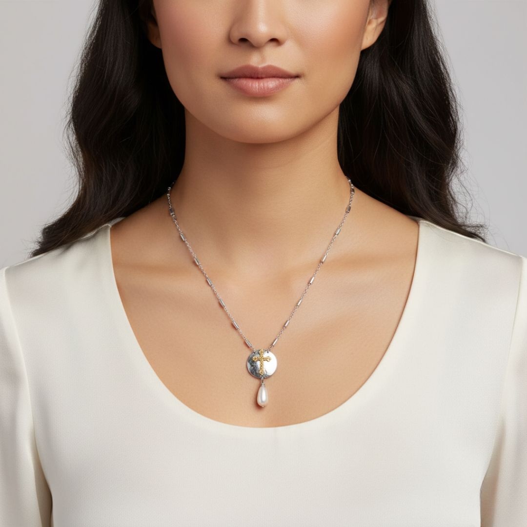 Woman wearing a delicate necklace with a pearl pendant against a neutral background
