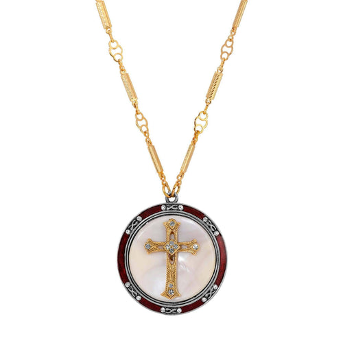 Symbols Of Faith Round Mother Of Pearl Crystal Cross Red Enameled