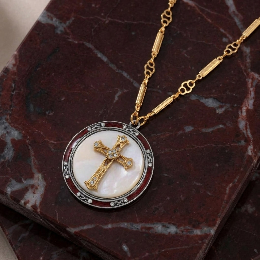 Gold tone cross pendant with clear crystal accents resting on a red marble surface