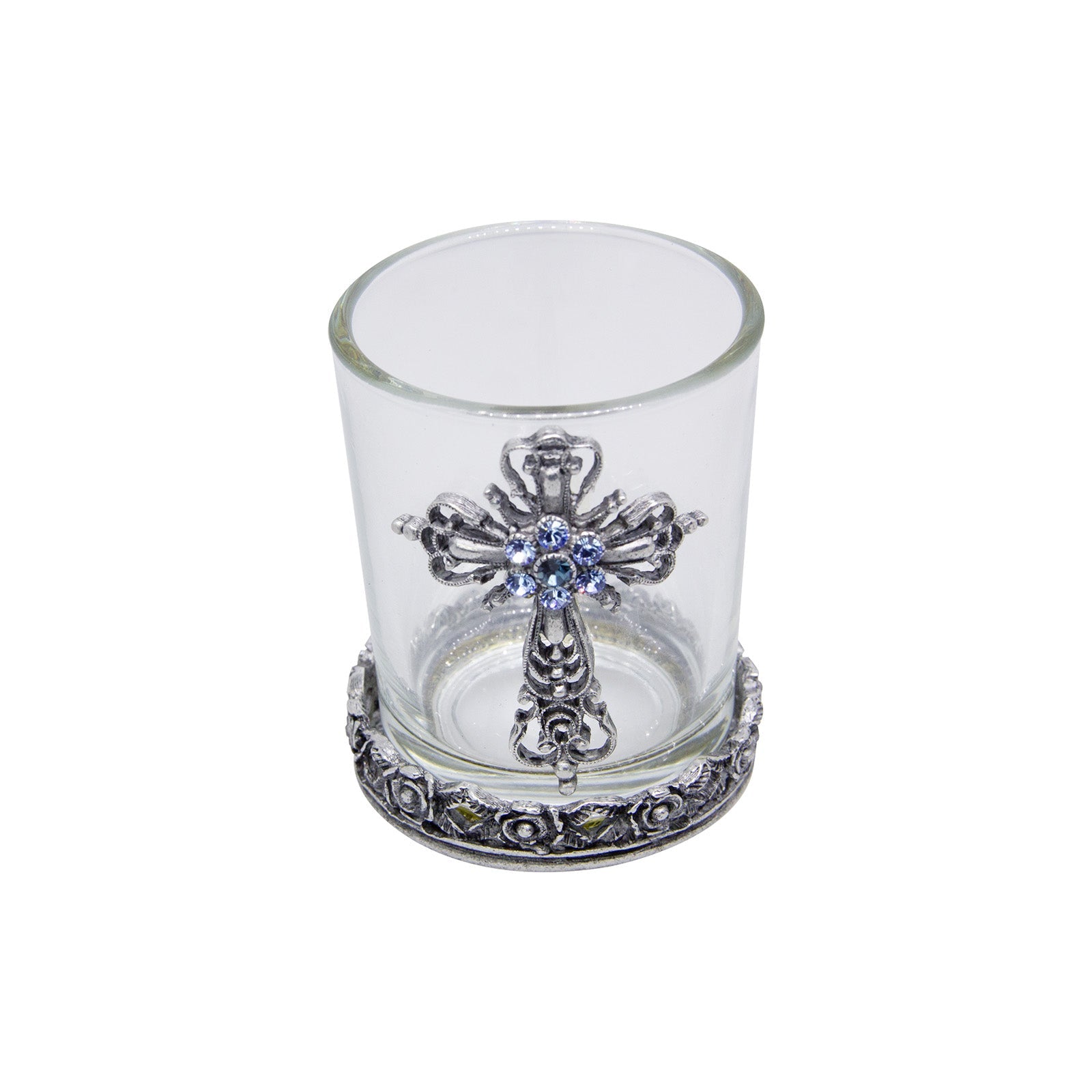 Symbols Of Faith Light Sapphire Blue Crystals Cross Glass Candle Holder With Tea Light LED