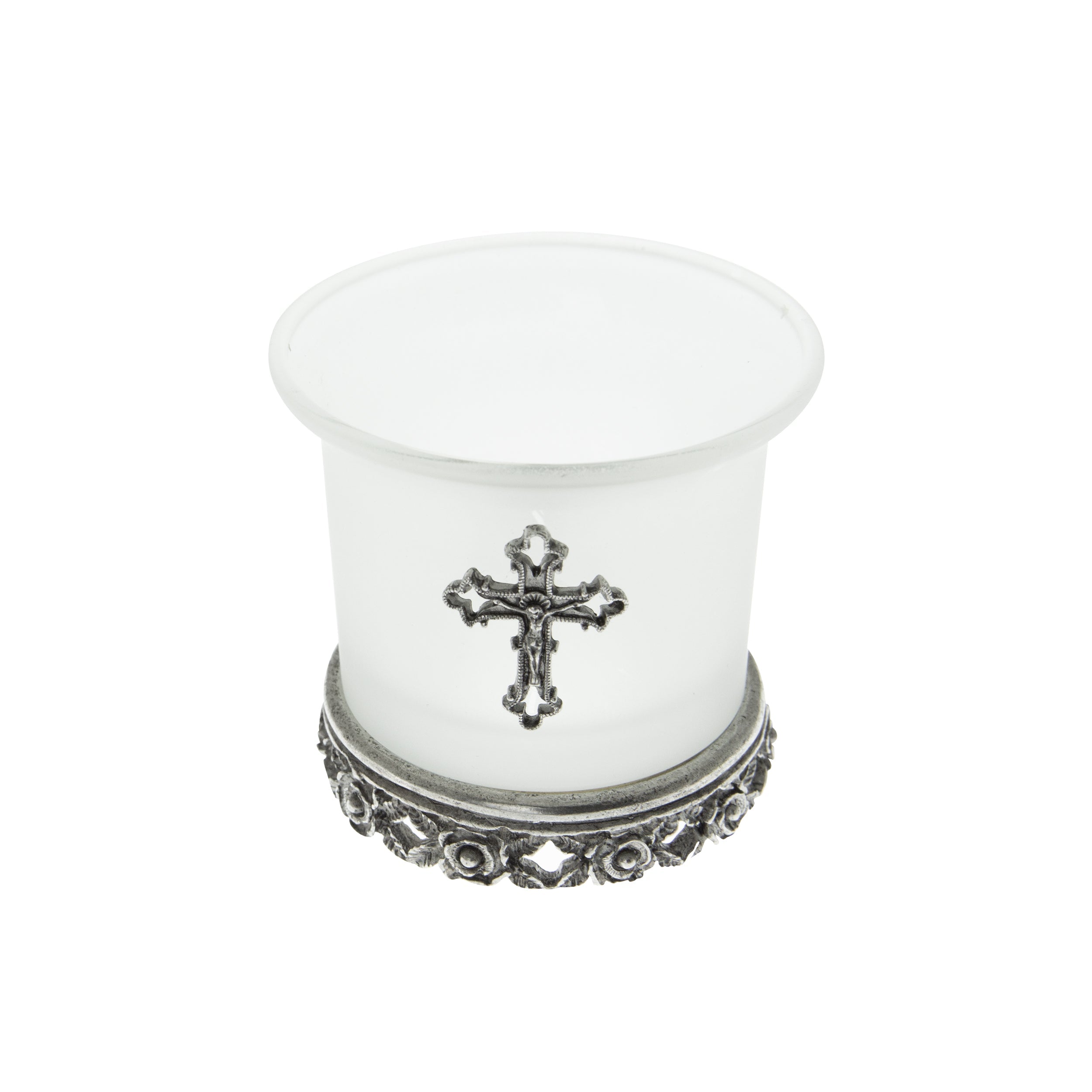 Symbols Of Faith Frosted Glass Crucifix Rose Base Candle Holder With Tea Light LED