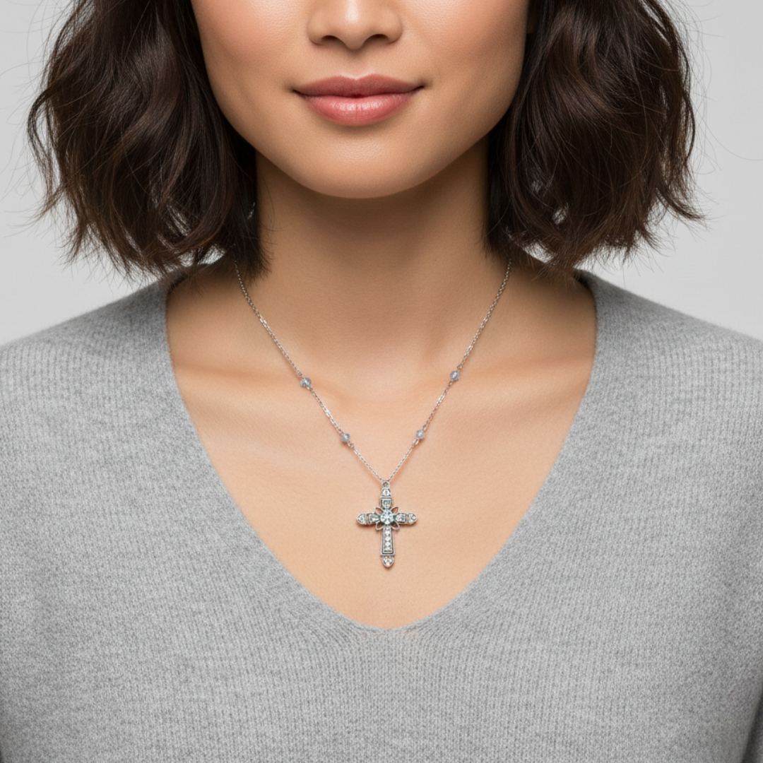 Woman wearing a silver cross necklace against a neutral background