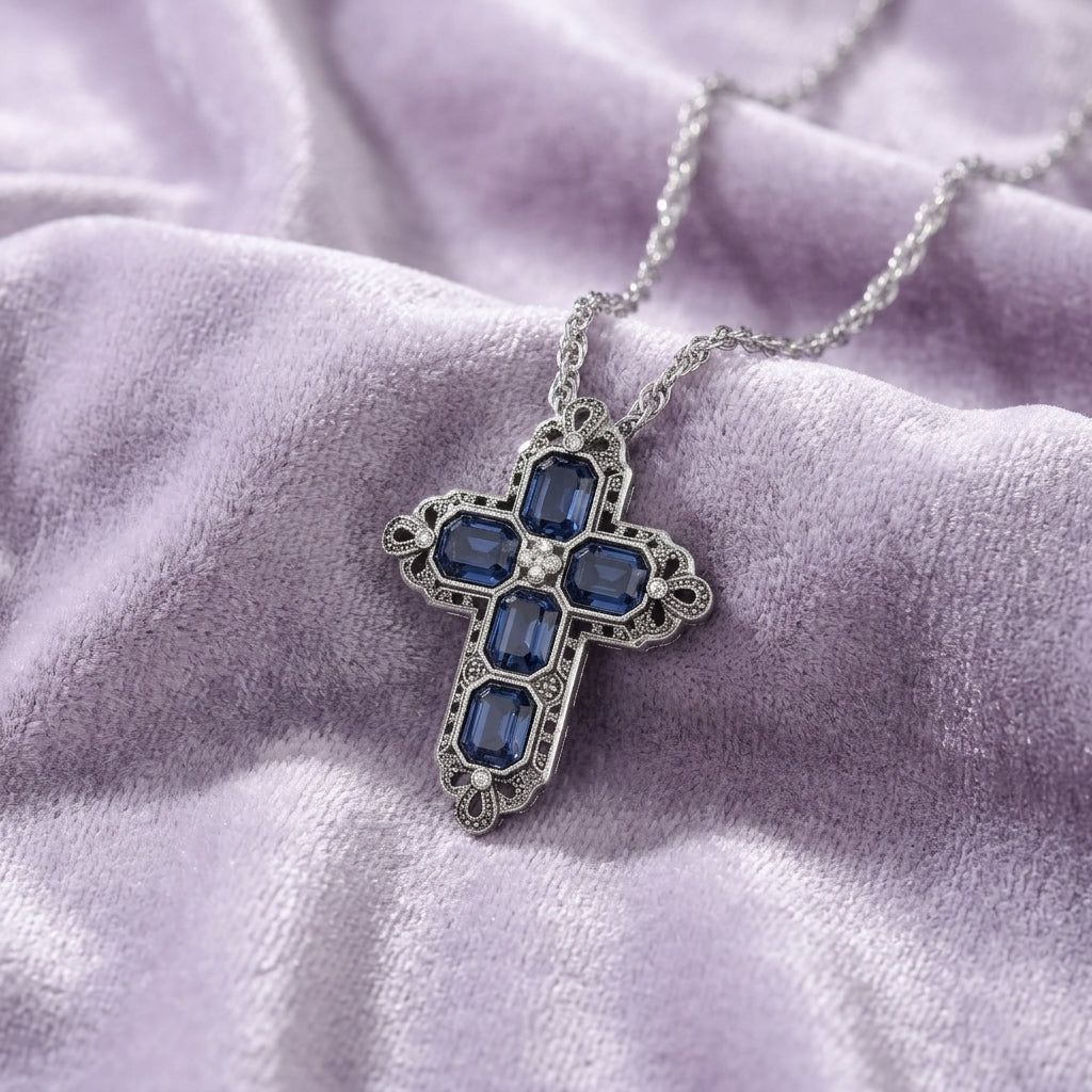 Pewter blue crystal cross pendant necklace with clear crystal accents resting on a purple fabric surface. 