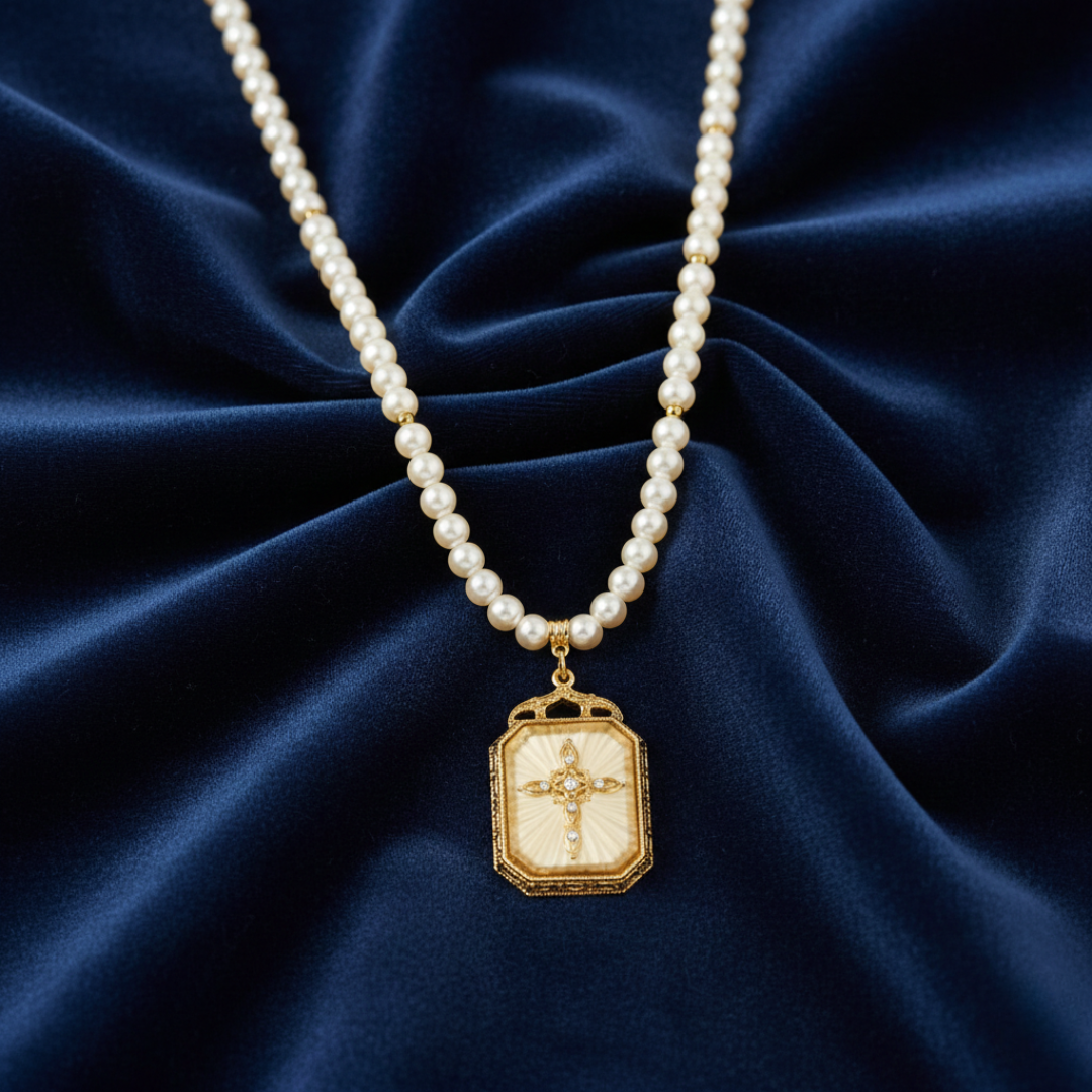 Pearl necklace with a gold pendant on a blue fabric background