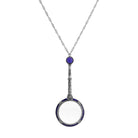 Antiqued Pewter & Blue Enameled Cross Etched Magnifying Glass Pendant Necklace 28" - Magnification Power: 2X