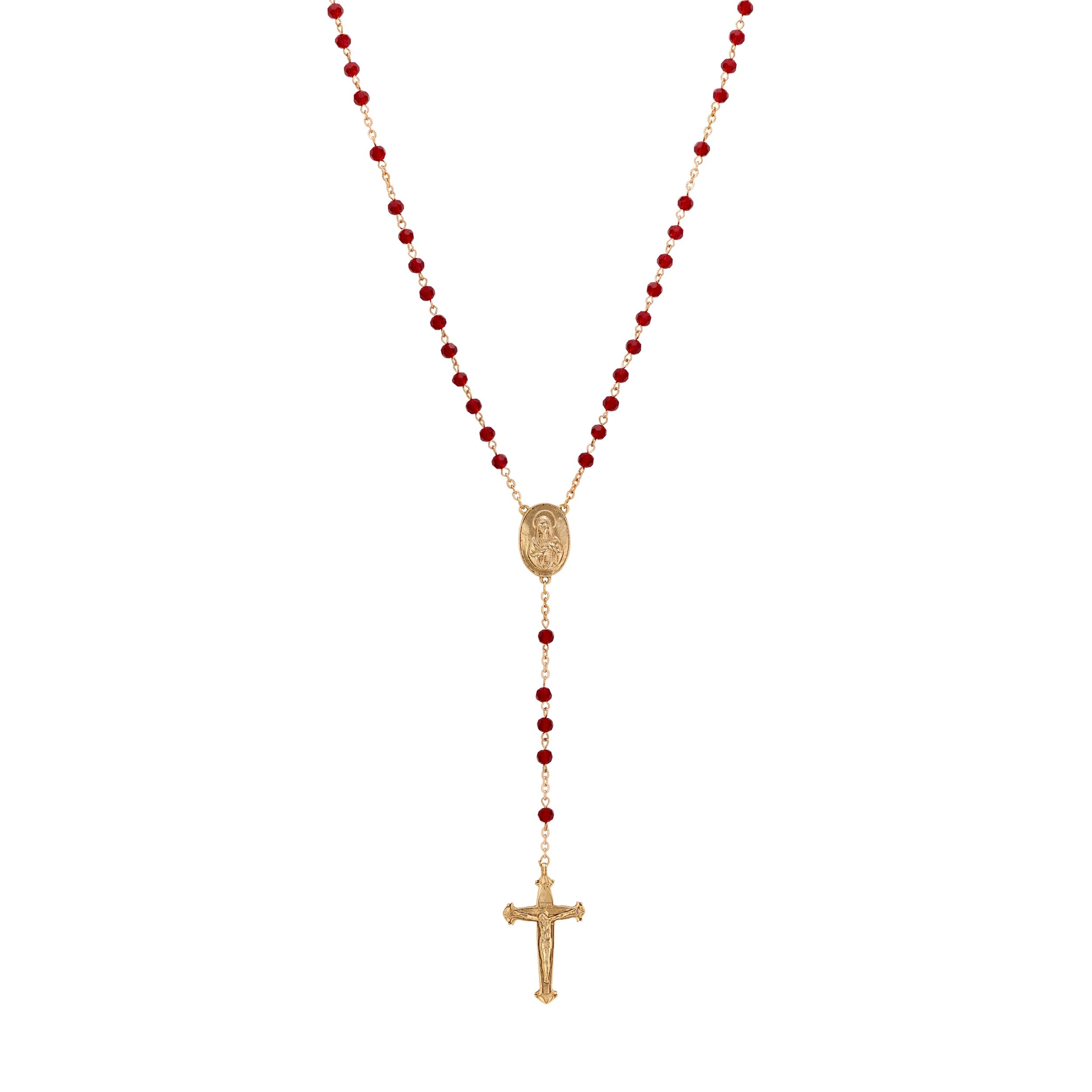 Symbols Of Faith Lady Of Guadalupe & Crucifix Siam Red Crystal Beaded Rosary