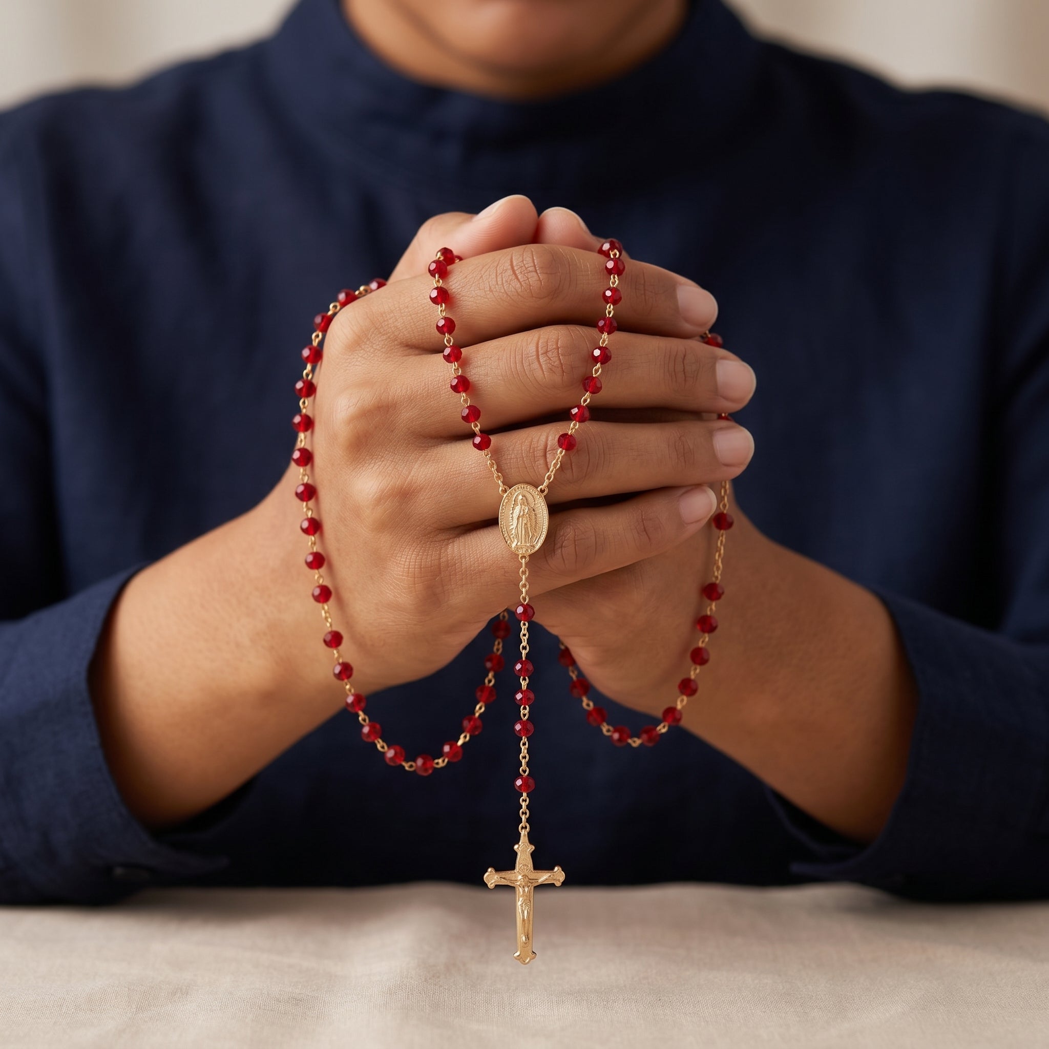 Person holding a red beaded rosary with a gold cross on a neutral background