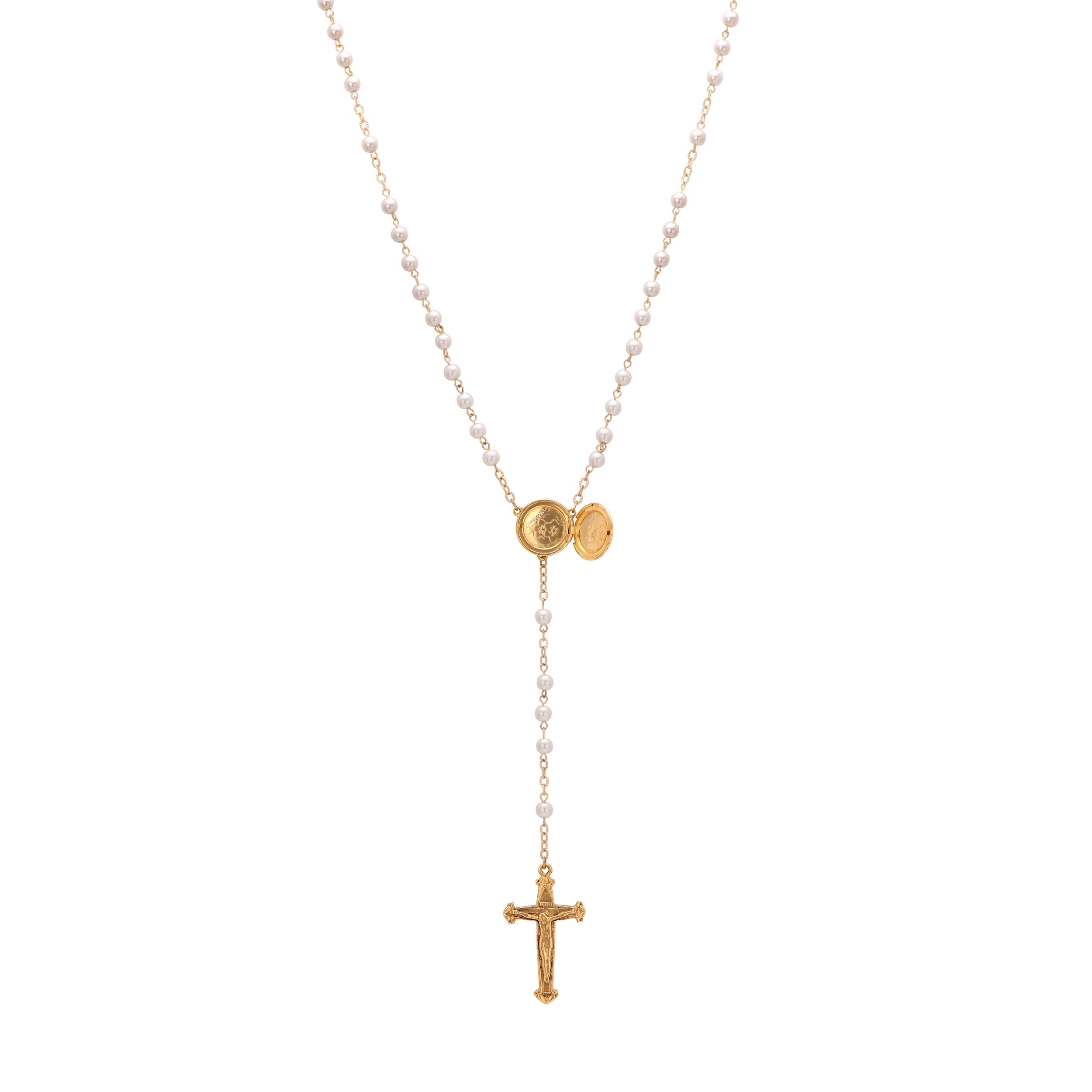 Symbols Of Faith Mary Locket & Crucifix Round White Glass Faux Pearl Rosary