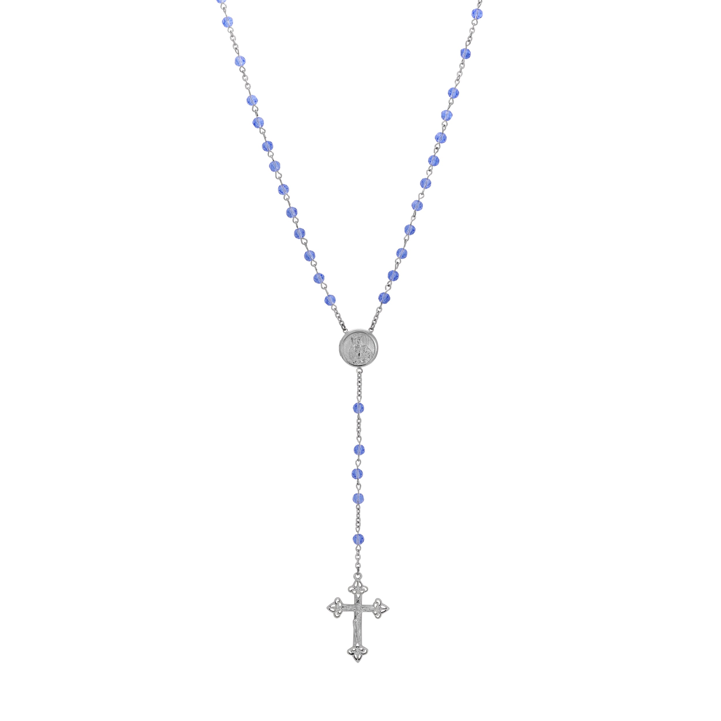 Symbols Of Faith Madonna and Child Round Locket Crucifix Light Sapphire Blue Rosary
